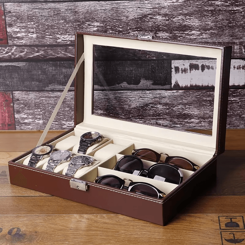 PU Leather 6-Position Watch Box with 3-Slot Sunglasses Display Storage Box - Sunglass Lover
