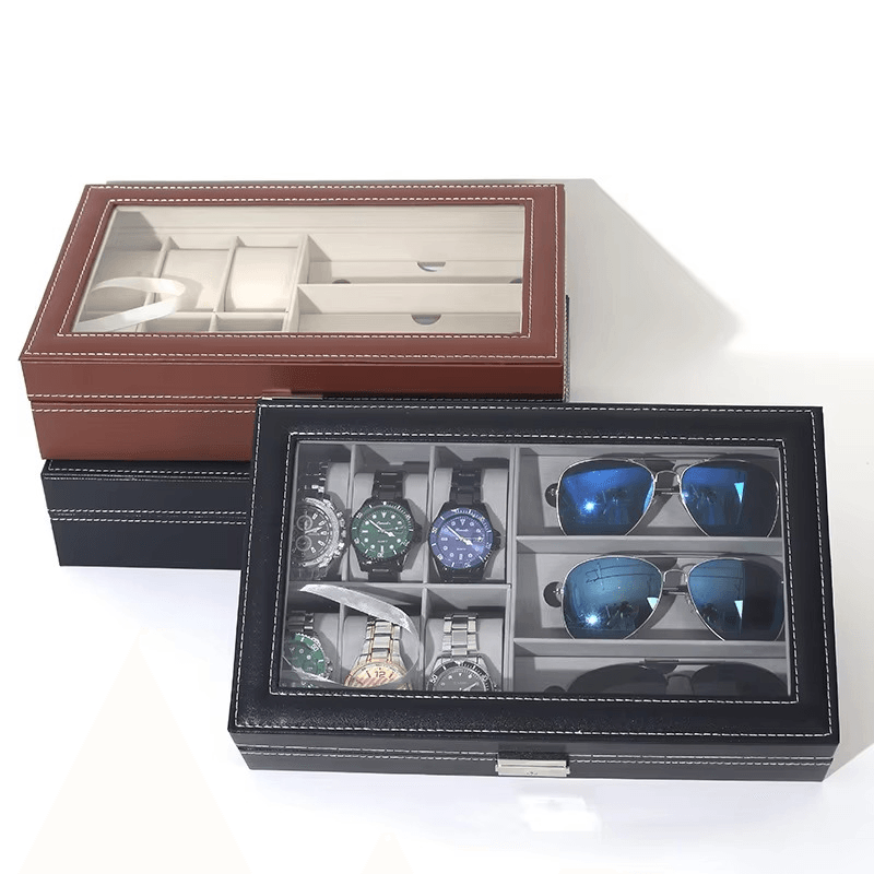PU Leather 6-Position Watch Box with 3-Slot Sunglasses Display Storage Box - Sunglass Lover