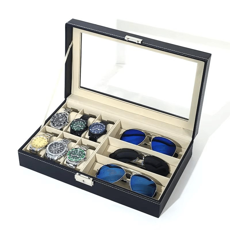 PU Leather 6-Position Watch Box with 3-Slot Sunglasses Display Storage Box - Sunglass Lover