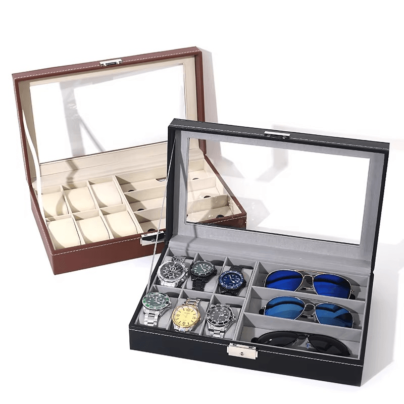 PU Leather 6-Position Watch Box with 3-Slot Sunglasses Display Storage Box - Sunglass Lover