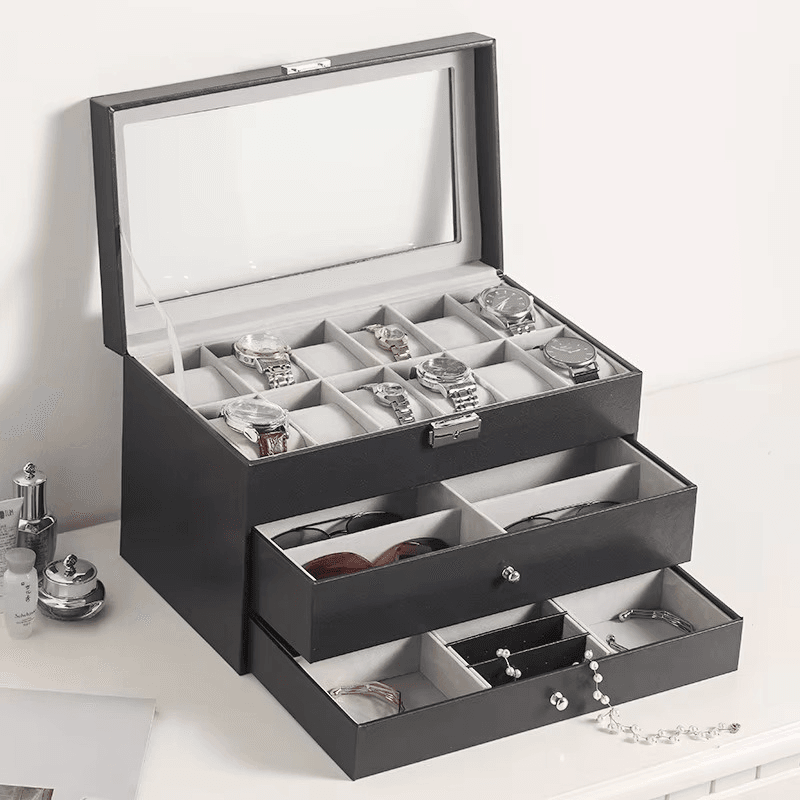 12 Slot Faux Leather Lockable Watch Organizer Box, 3-Tier Jewelry & Sunglasses Display Case - Sunglass Lover