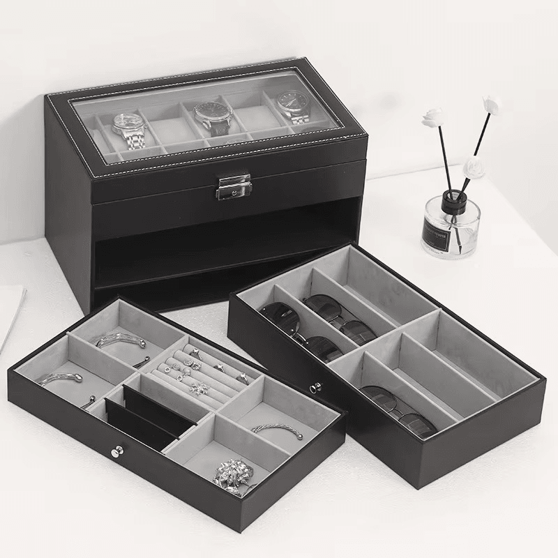12 Slot Faux Leather Lockable Watch Organizer Box, 3-Tier Jewelry & Sunglasses Display Case - Sunglass Lover