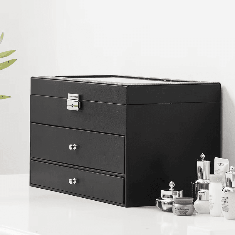 12 Slot Faux Leather Lockable Watch Organizer Box, 3-Tier Jewelry & Sunglasses Display Case - Sunglass Lover