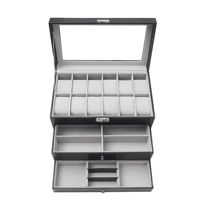 12 Slot Faux Leather Lockable Watch Organizer Box, 3-Tier Jewelry & Sunglasses Display Case - Sunglass Lover