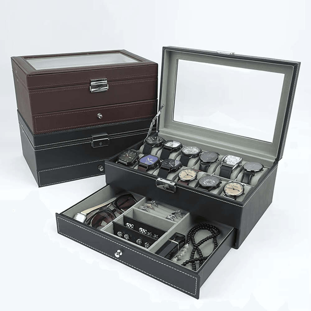 Luxury 2-Layer 12-Slot Lockable Watch Box with Glass Lid & Drawer - Sunglass Lover