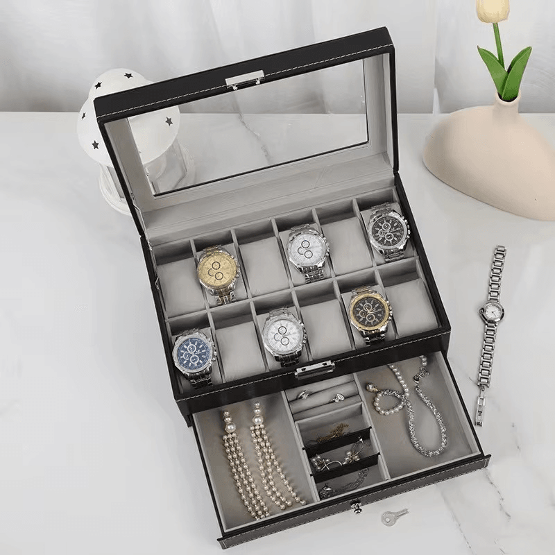 Luxury 2-Layer 12-Slot Lockable Watch Box with Glass Lid & Drawer - Sunglass Lover