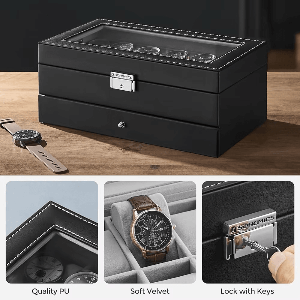 Luxury 2-Layer 12-Slot Lockable Watch Box with Glass Lid & Drawer - Sunglass Lover