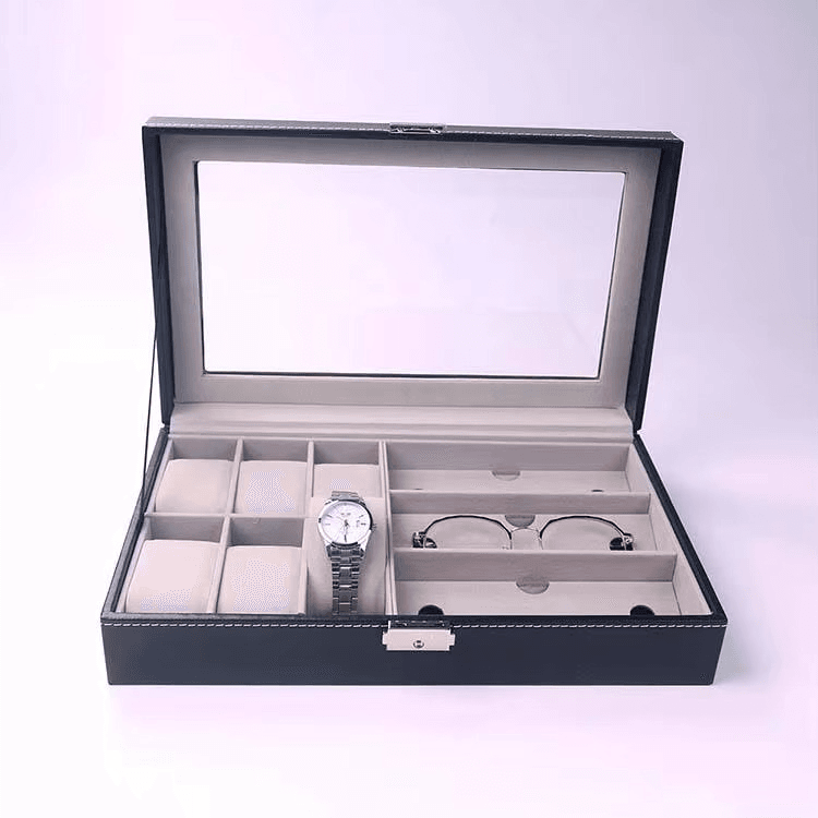 PU Leather 6-Position Watch Box with 3-Slot Sunglasses Display Storage Box - Sunglass Lover
