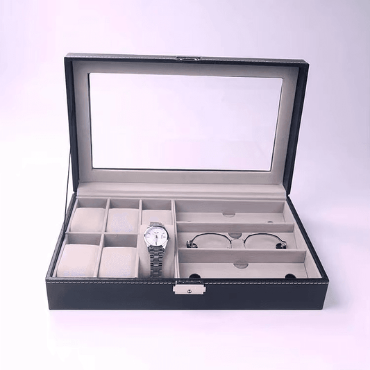 PU Leather 6-Position Watch Box with 3-Slot Sunglasses Display Storage Box - Sunglass Lover