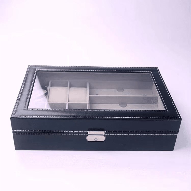 PU Leather 6-Position Watch Box with 3-Slot Sunglasses Display Storage Box - Sunglass Lover