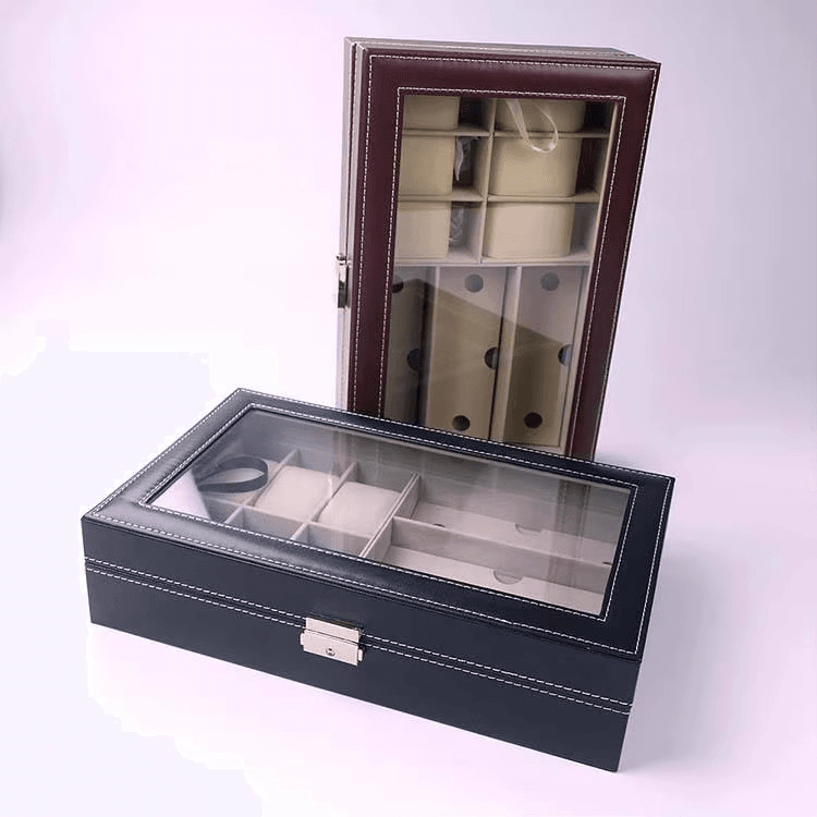 PU Leather 6-Position Watch Box with 3-Slot Sunglasses Display Storage Box - Sunglass Lover