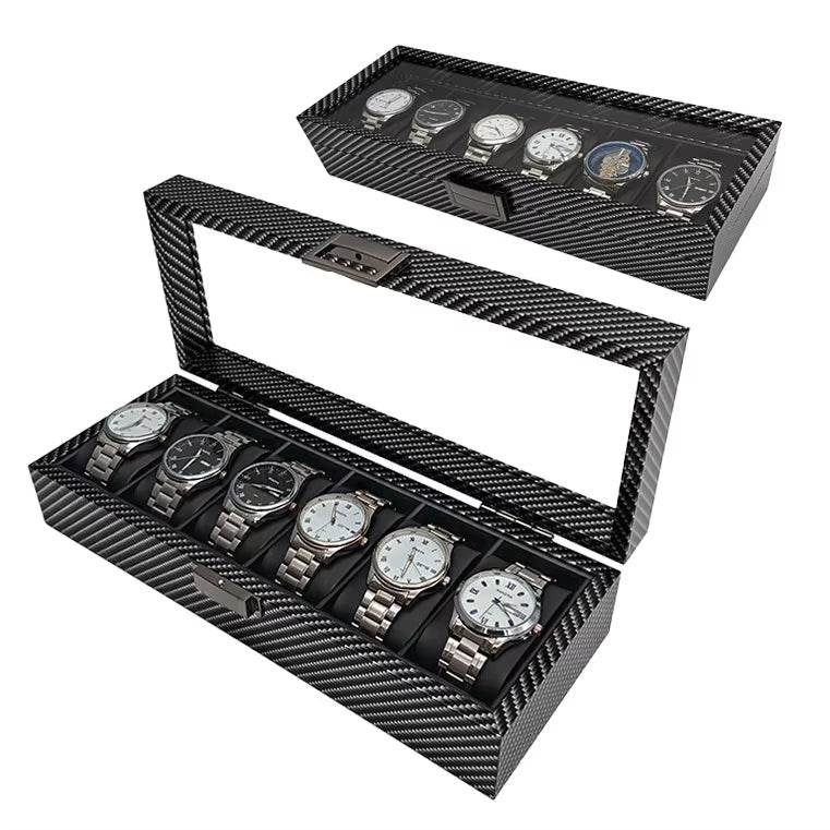 Black Carbon Fiber Glossy Wooden Watch Box – 6/10/12 Slot Storage Organizer - Sunglass Lover