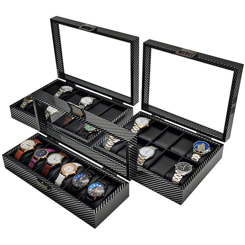 Black Carbon Fiber Glossy Wooden Watch Box – 6/10/12 Slot Storage Organizer - Sunglass Lover