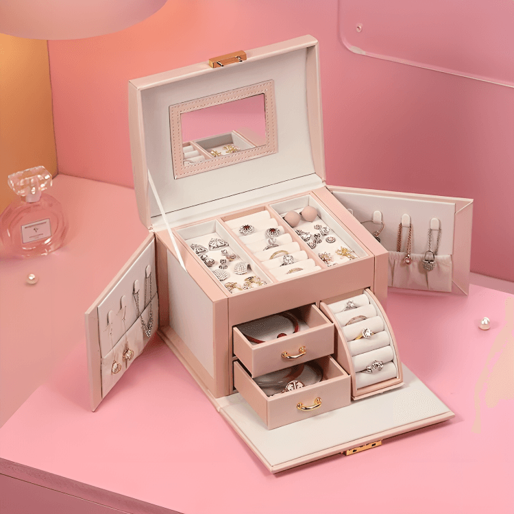 Leather 3-Tier Luxury Travel Jewelry Box with Lock and Mirror - Sunglass Lover