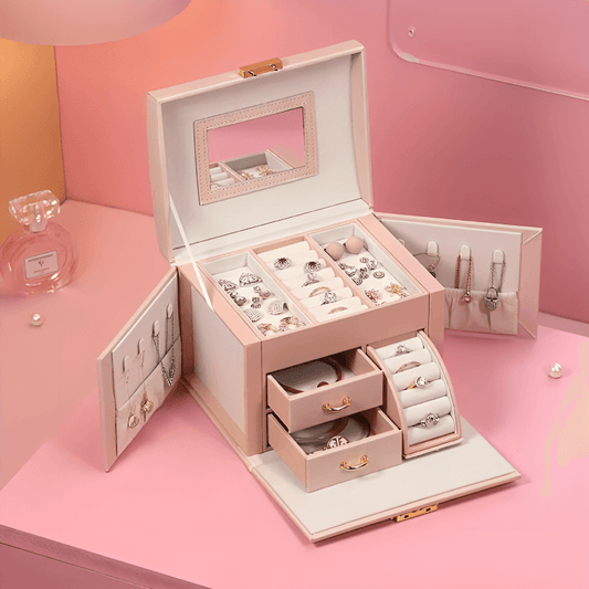 Leather 3-Tier Luxury Travel Jewelry Box with Lock and Mirror - Sunglass Lover