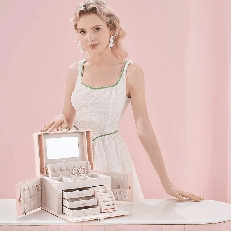 Leather 3-Tier Luxury Travel Jewelry Box with Lock and Mirror - Sunglass Lover