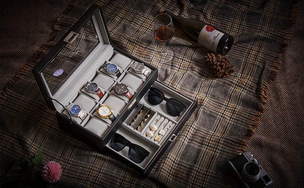 Deluxe 12-Slot Watch & Jewelry Storage Box – Faux Leather Organizer - Sunglass Lover