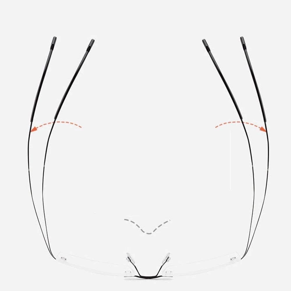 Sunglass Lover titanium rimless glasses frame for men shown front view with curved black temples and clear nose pads