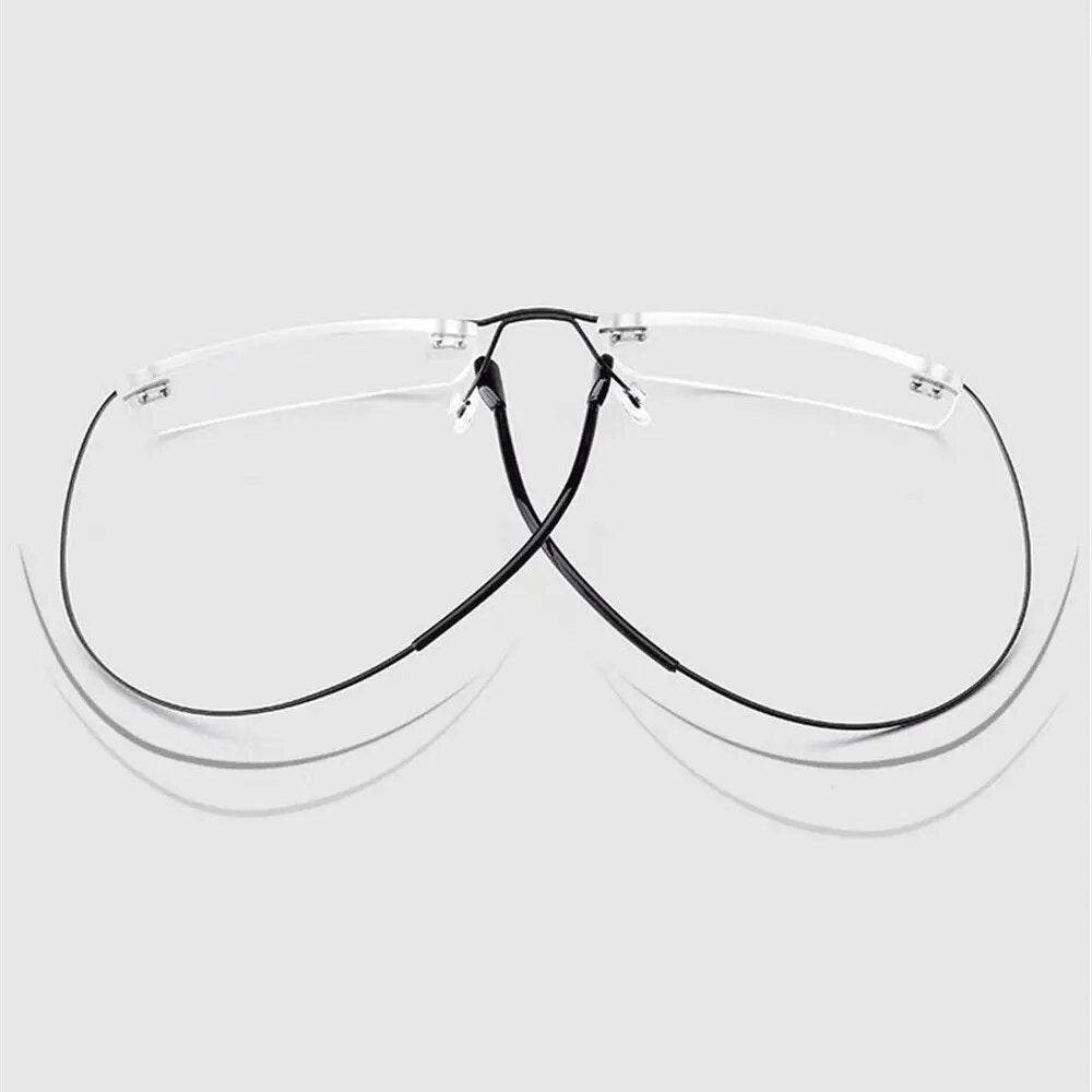 Sunglass Lover titanium rimless glasses frame for men lightweight black temples and nose bridge folded view