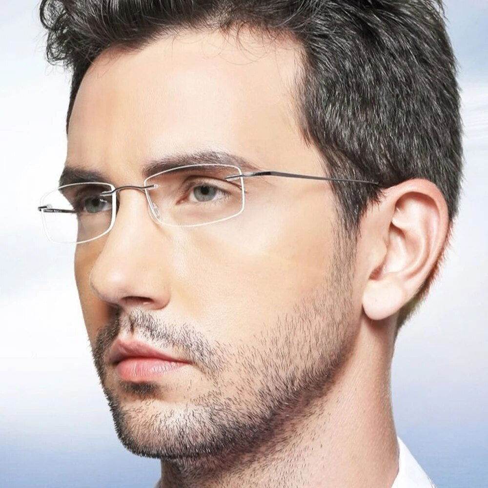 Sunglass Lover titanium rimless glasses frame for men on male model showing silver minimalist temples and nose bridge
