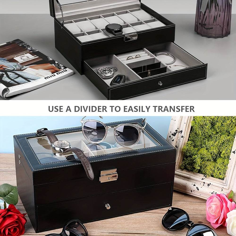 Deluxe 12-Slot Watch & Jewelry Storage Box – Faux Leather Organizer - Sunglass Lover