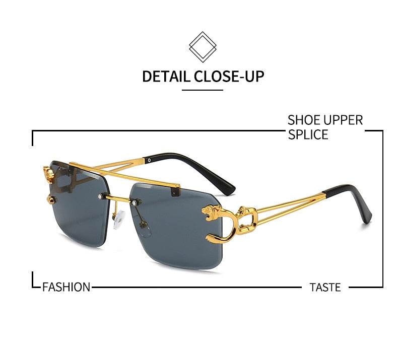 Sunglass Lover gold frame double bridge rimless sunglasses with gray lenses and decorative temple accents