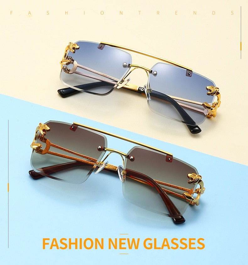 Two Sunglass Lover double bridge rimless sunglasses with blue and brown gradient lenses and ornate gold temple accents