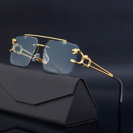 Sunglass Lover gold temple blue tinted lenses fashion rimless sunglasses trendy with luxury case