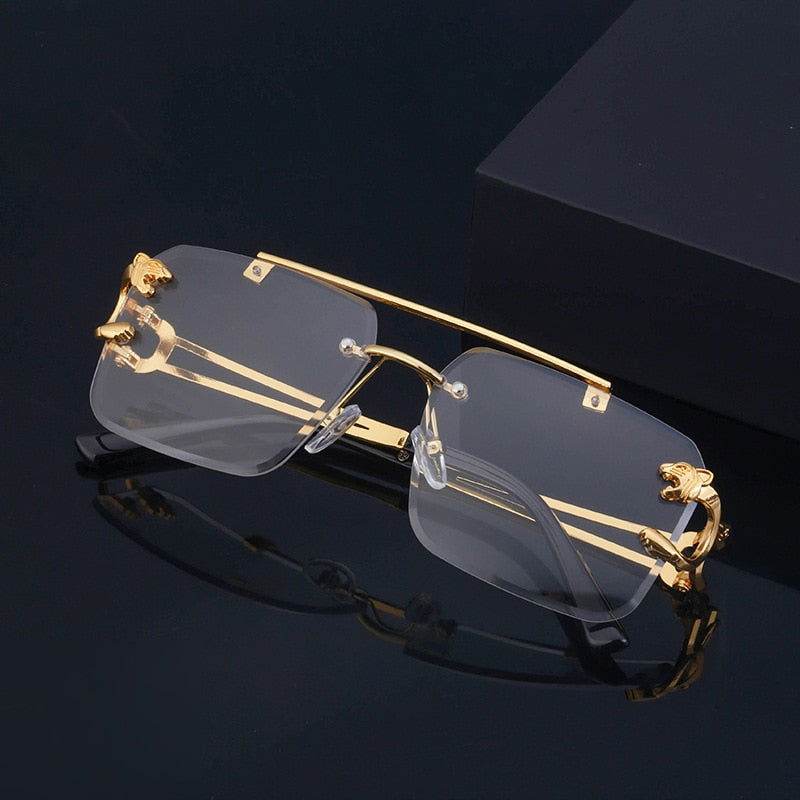 Sunglass Lover gold double bridge clear lenses with panther temple accents fashion rimless sunglasses trendy