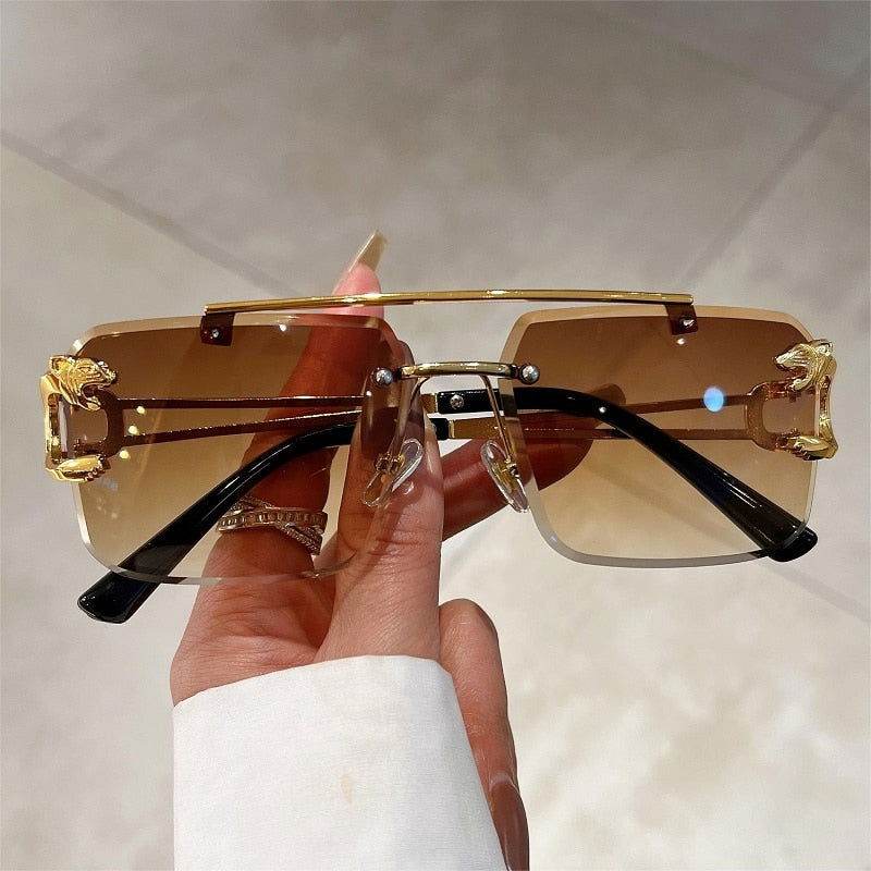 Sunglass Lover fashion rimless sunglasses trendy gold double bridge brown gradient lenses with black temples