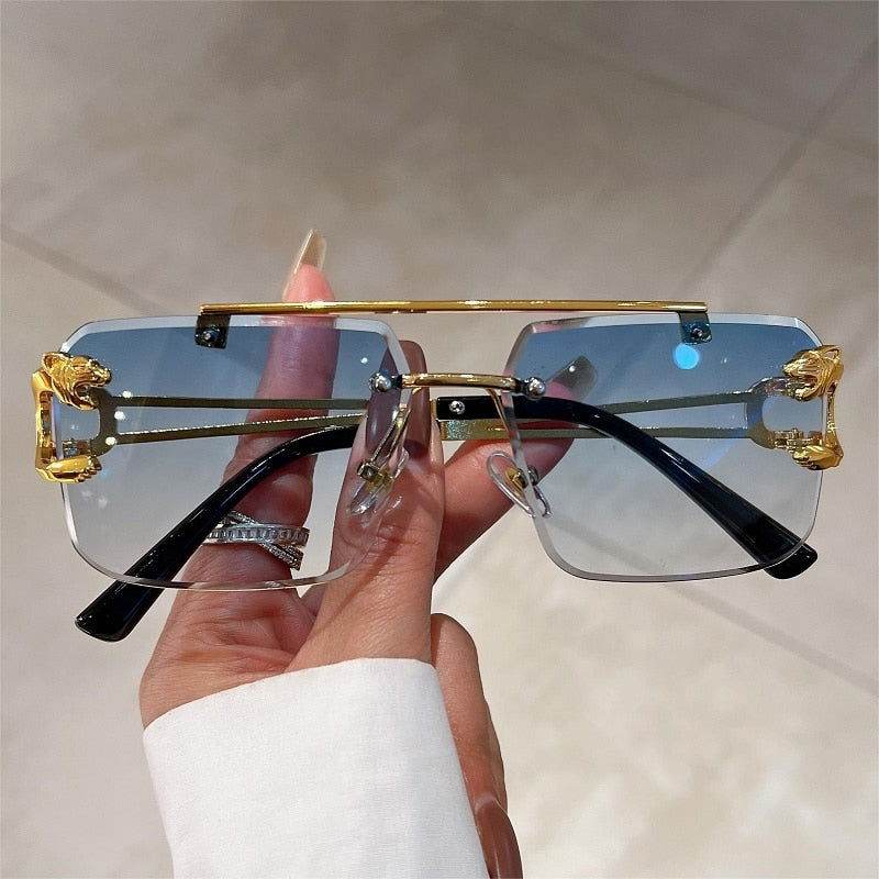 Sunglass Lover fashion rimless sunglasses trendy blue gradient square lenses with gold bridge and black temples