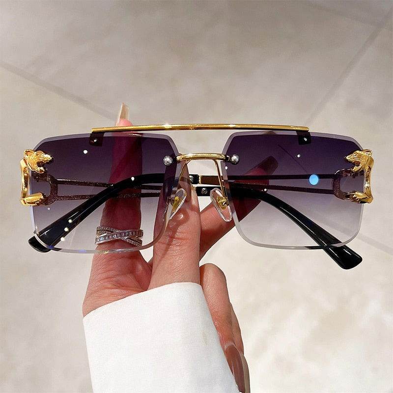 Sunglass Lover fashion rimless sunglasses trendy purple gradient lenses gold double bridge lion accents