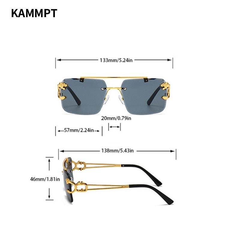 Sunglass Lover gold rimless sunglasses with gray lenses and decorative gold temples fashion rimless sunglasses trendy