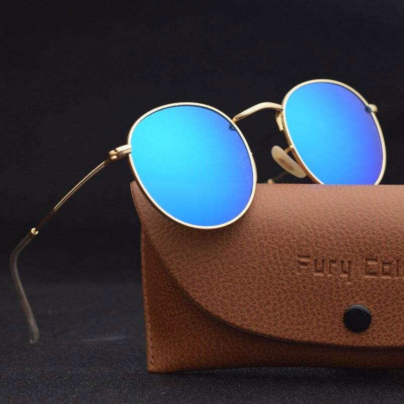 Sunglass Lover gold frame blue mirrored lenses vintage round sunglasses for men and women with brown case