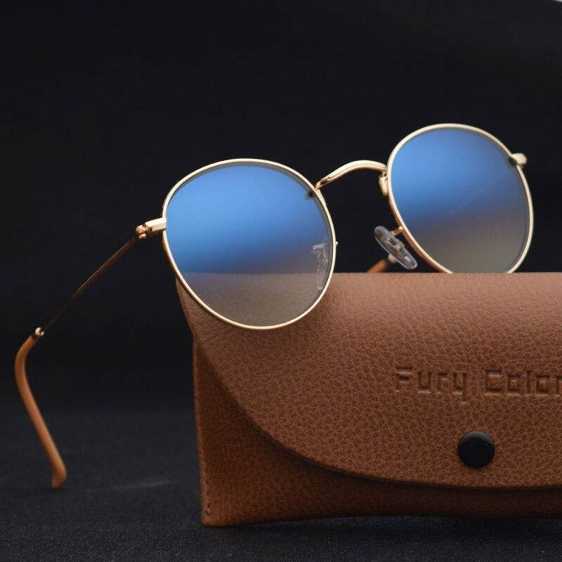 Sunglass Lover gold metal frame sunglasses with blue mirrored lenses and brown case vintage round sunglasses for men and women