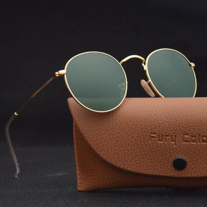 Sunglass Lover vintage round sunglasses for men and women gold metal frame green lenses with brown case