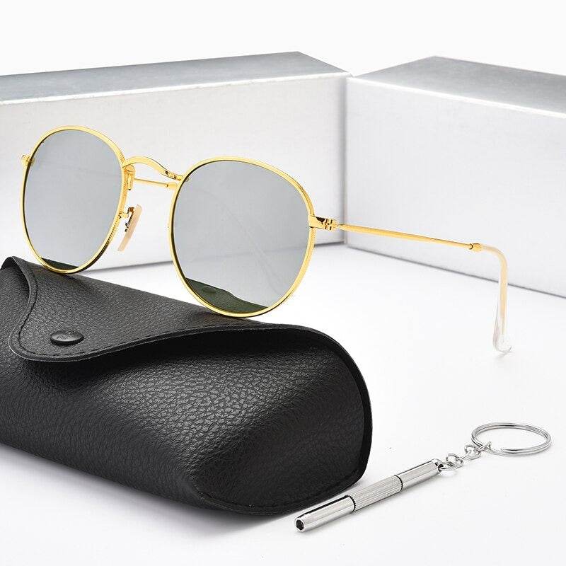 Sunglass Lover gold metal frame with gray mirrored lenses and black case vintage round sunglasses for men and women