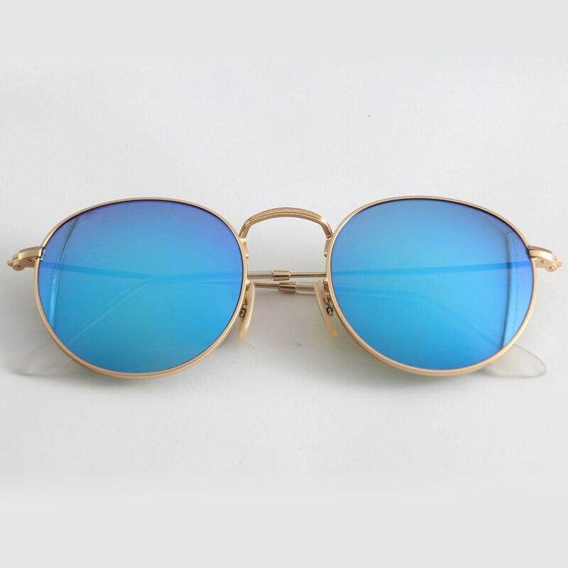 Sunglass Lover steampunk round sunglasses with gold metal frame and blue mirrored lenses