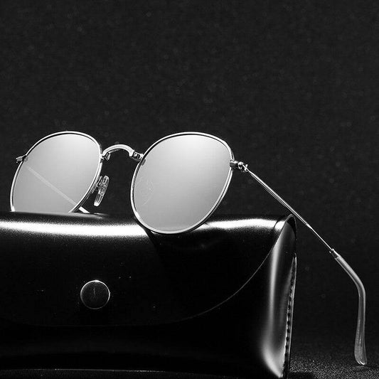Sunglass Lover steampunk round sunglasses with silver mirrored lenses on black leather case