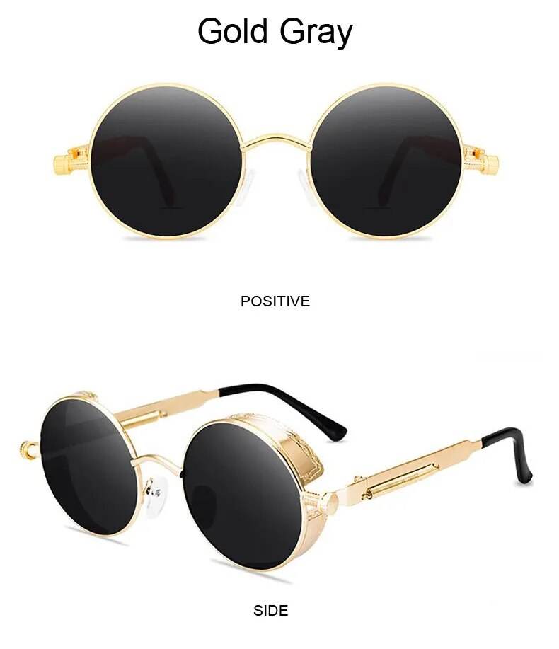 Sunglass Lover steampunk round sunglasses gold frame with gray lenses front and side views