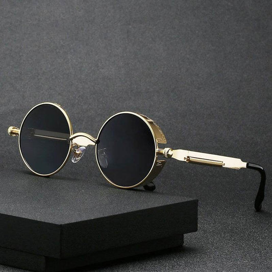 Sunglass Lover steampunk round sunglasses gold metal frame black lenses retro vintage style