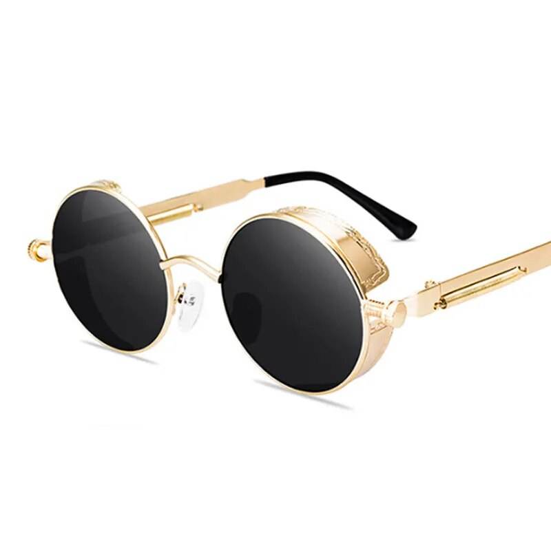 Sunglass Lover gold metal steampunk round sunglasses with black lenses and decorative side shields