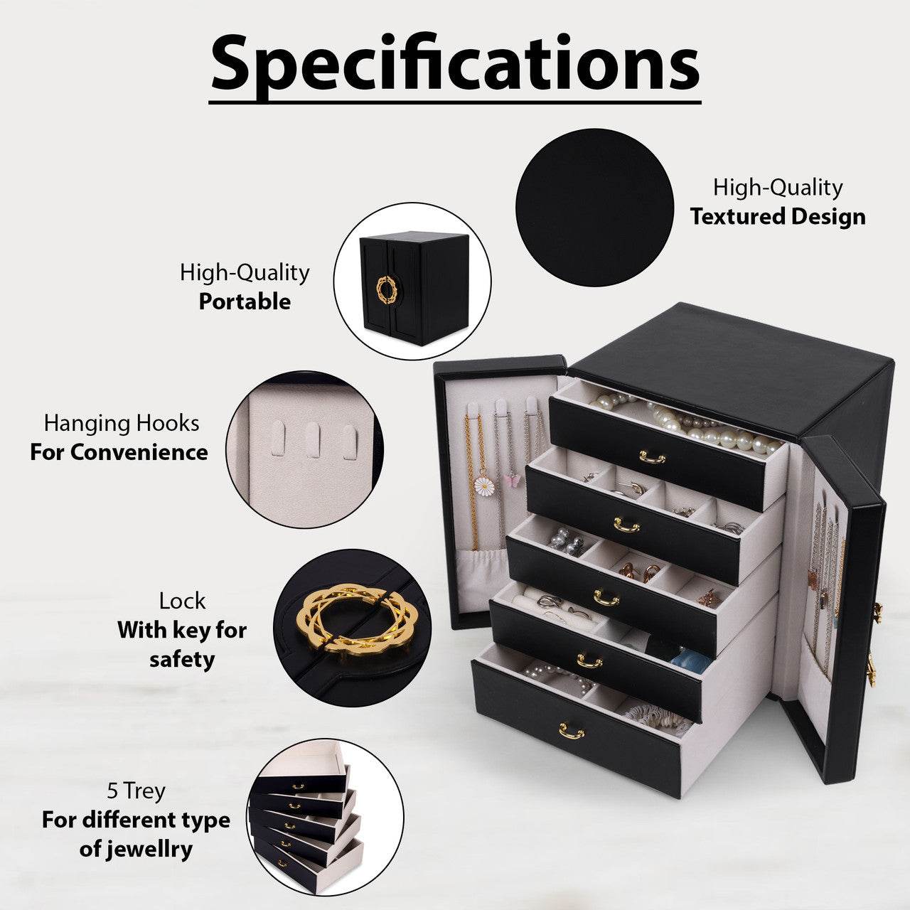 Convenient LuxuryJewellery Box with 5 Levels Large Jewellery Case with Drawer and Watch - Sunglass Lover