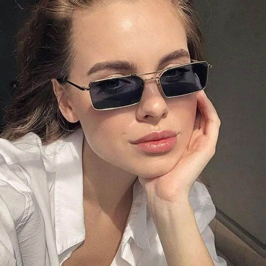 Sunglass Lover classic women's sunglasses online rectangular black lenses gold frame on model