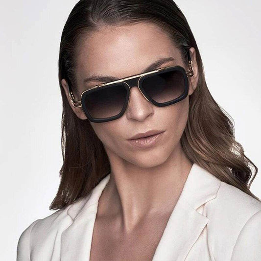 Sunglass Lover trendy pilot sunglasses with UV protection on female model black gold frame gradient lenses