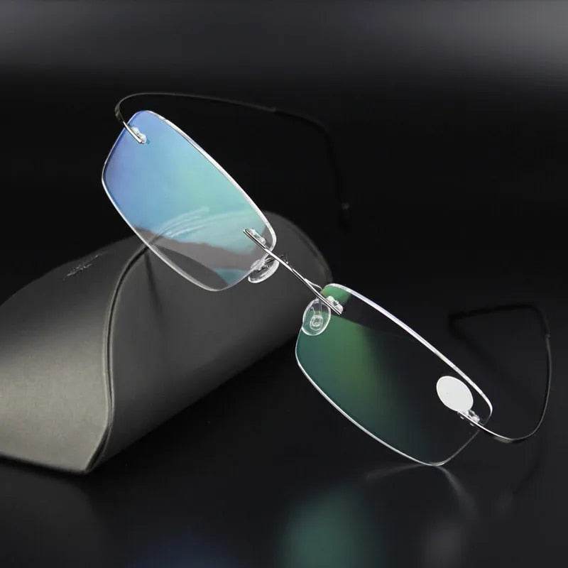 Sunglass Lover rimless eyeglasses with blue green anti reflective lenses ultra light titanium eyeglasses for women
