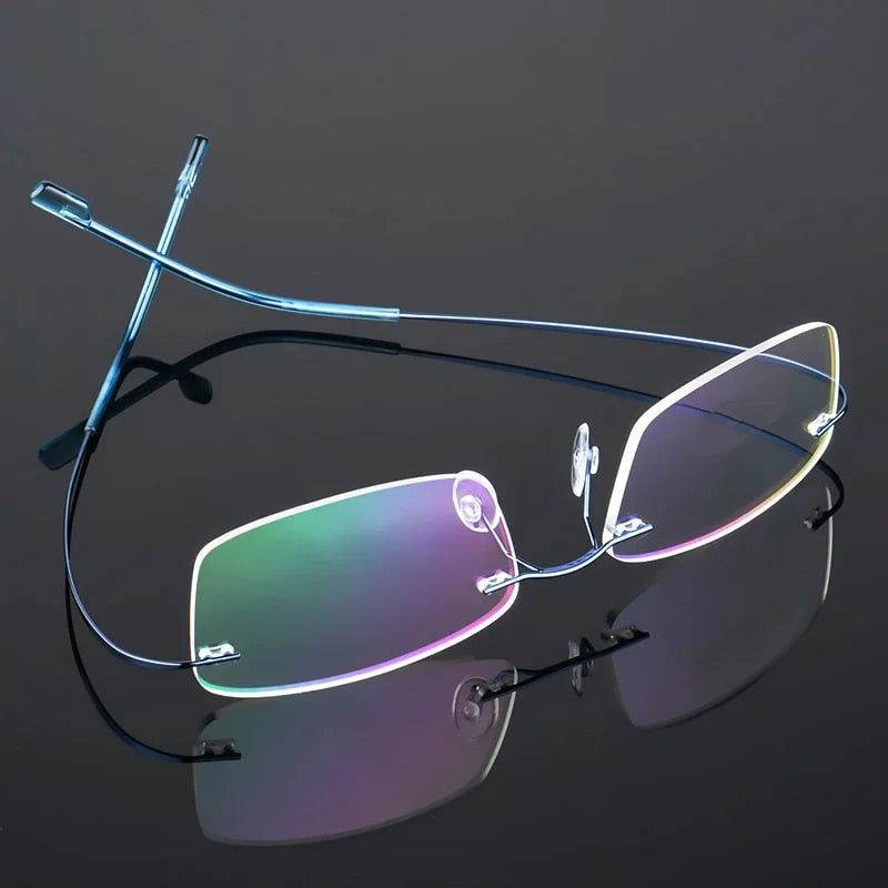 Rimless blue wireframe with rainbow AR lenses Sunglass Lover ultra light titanium eyeglasses for women