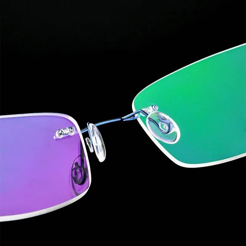 Sunglass Lover rimless rectangular purple and green lenses showing nose pads and bridge ultra light titanium eyeglasses for women
