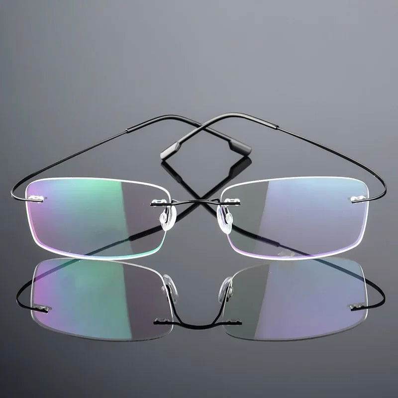 Sunglass Lover rimless with slender black temples and anti reflective lenses ultra light titanium eyeglasses for women