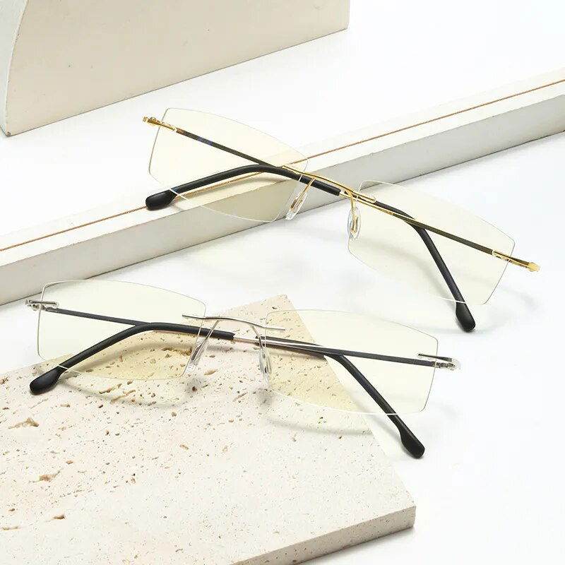 Sunglass Lover ultra light titanium eyeglasses for women rimless rectangular frames in gold and silver